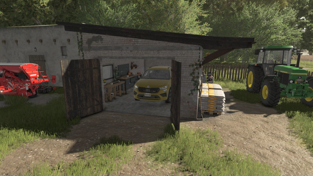 Small garage in FS25 with parked car and tractors, featuring the Small Garage v1.0.0.0 mod for Farming Simulator 25.