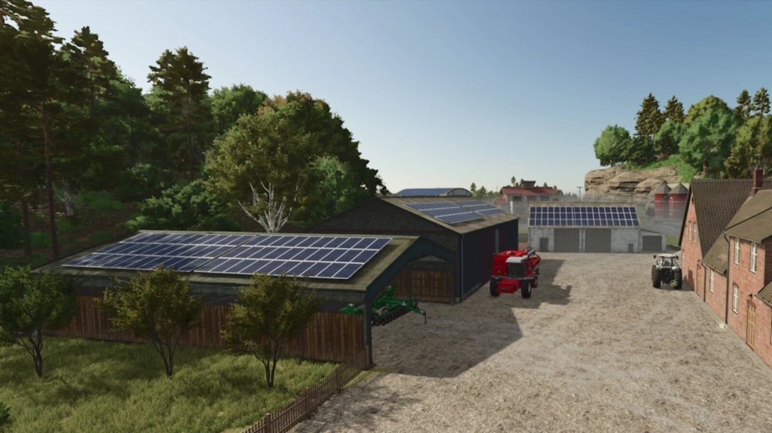 FS25 mod showing solar panels on farm buildings in Farming Simulator 25.