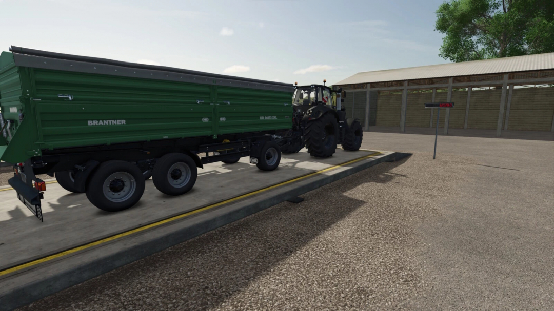 FS25 mod Weighing Stations v1.0.0.0 featuring a green tractor with a trailer on a weighbridge.