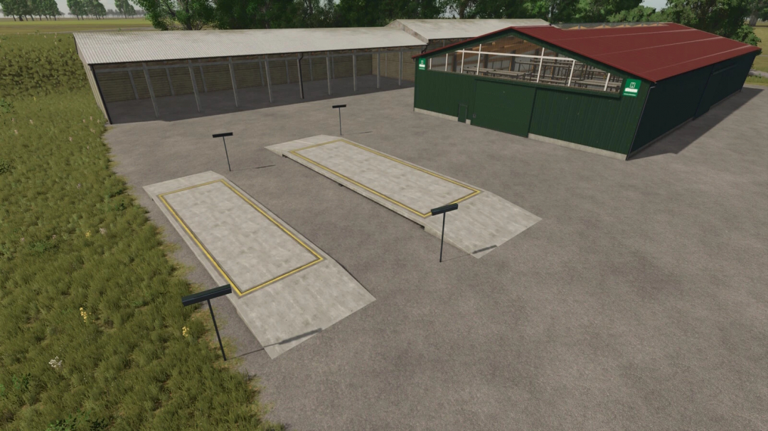 Weighing stations in Farming Simulator 25 mod, featuring concrete platforms and adjacent green barn.