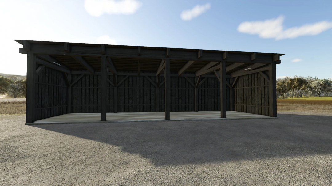 Wooden shelter mod for Farming Simulator 25, version 1.0.0.0, featuring a large open structure for agricultural use.