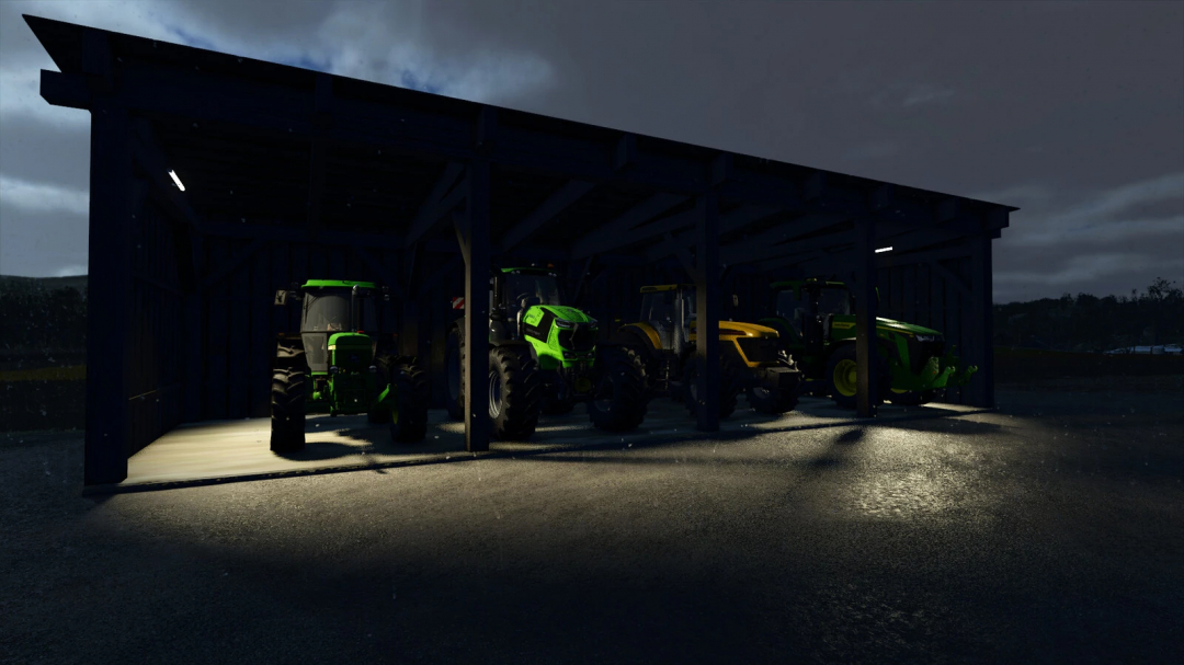 FS25 Wooden Shelter mod with tractors inside, night setting