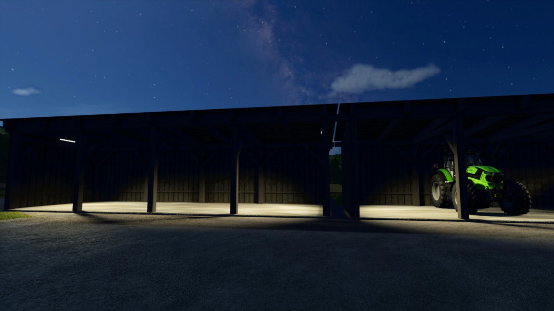 Night view of a wooden shelter with farm equipment in FS25 mod.