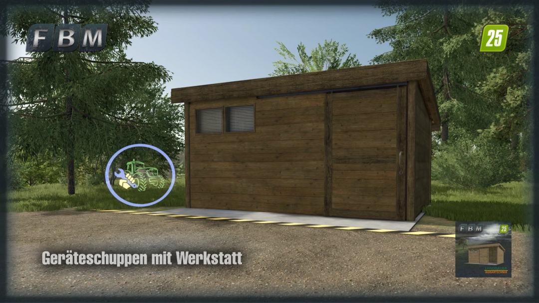 Wooden workshop shed mod in FS25 with trees in the background.