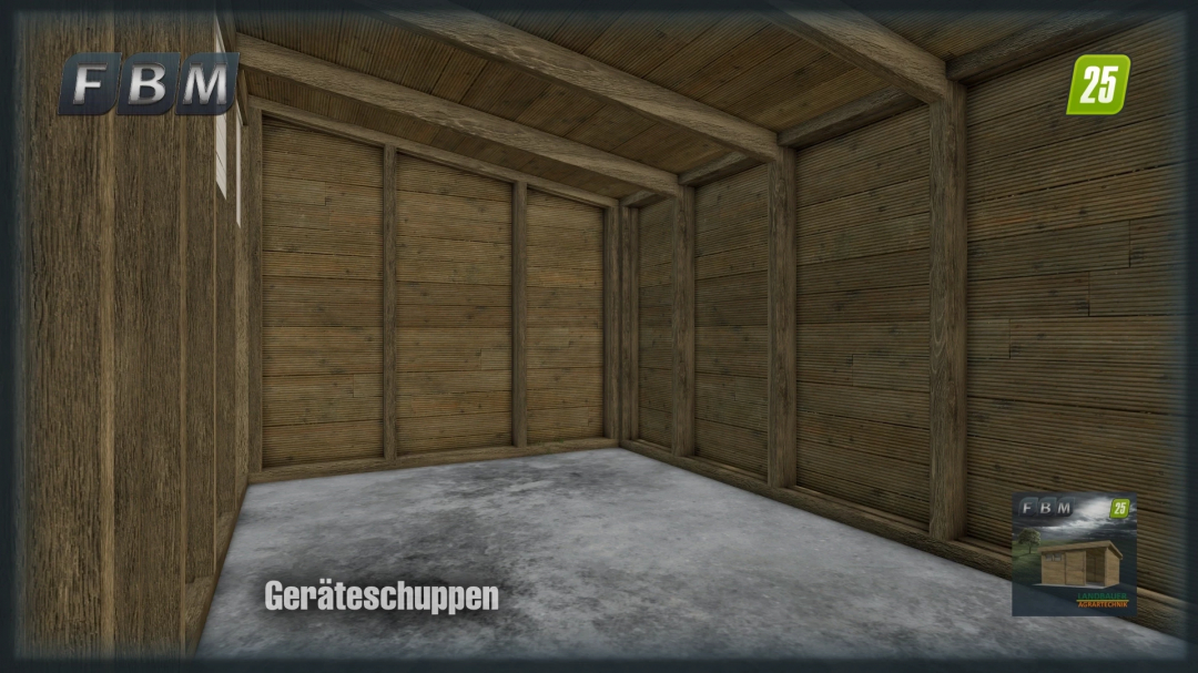 Interior view of the Workshop Shed mod for Farming Simulator 25, featuring wooden walls and a concrete floor.