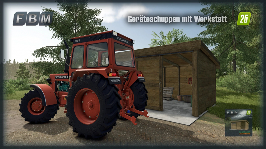 FS25 mod Workshop Shed v1.0.0.0 featuring a red tractor parked beside a wooden shed amid greenery.