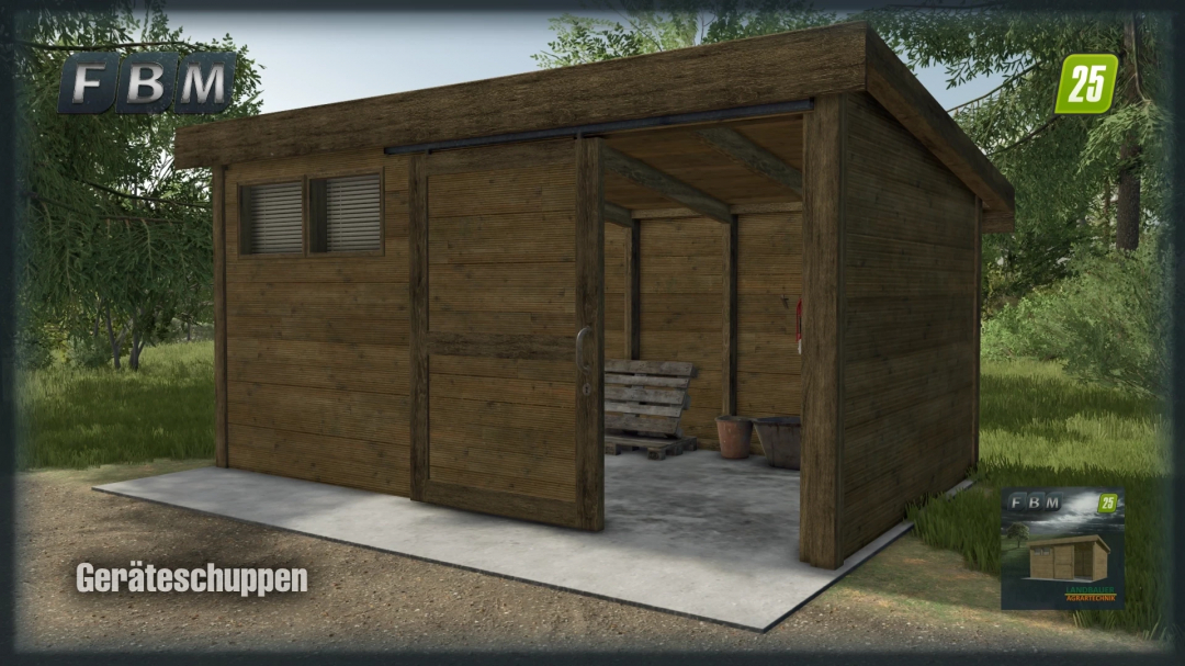 Workshop Shed mod for FS25, featuring a wooden structure with open sliding door and tools inside, set in a grassy area.