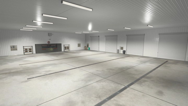 fs25-mods,  Interior view of American Midwest Truck Shop in FS25 mods, showcasing a spacious, well-lit garage with tools and storage.