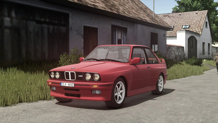 fs25-mods,  Red BMW M3 E30 Coupe mod in Farming Simulator 25, parked on a rural road by houses.