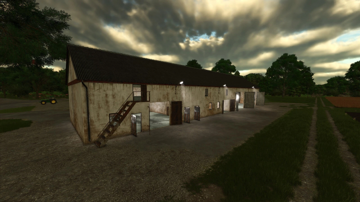 fs25-mods, Large Polish garage mod for FS25 with rustic design and open doors, surrounded by fields and trees.