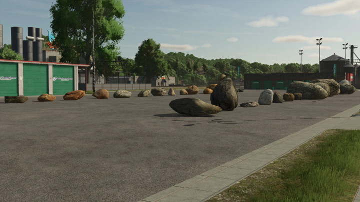 fs25-mods,  FS25 Dynamic Crushable Rocks in a parking area, showcasing various rock sizes and textures in Farming Simulator 25 mod.