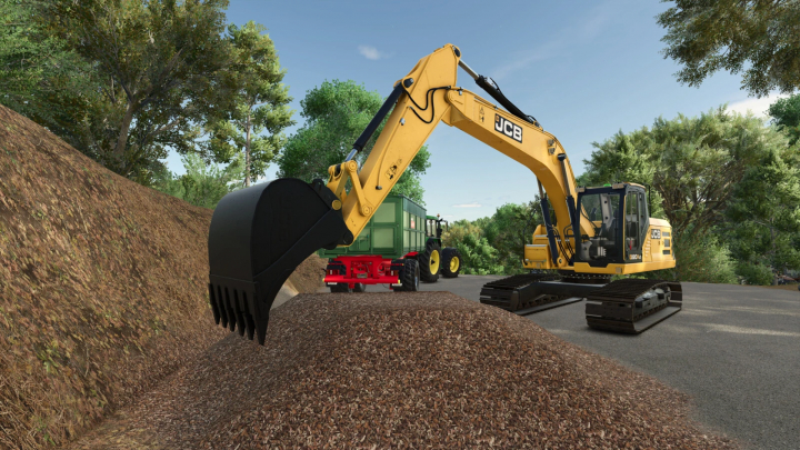 fs25-mods, JCB 220X Excavator mod in FS25 digging soil near a tractor trailer.