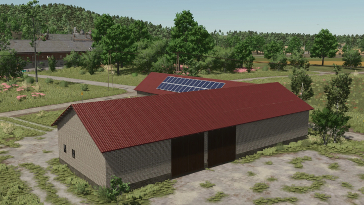 fs25-mods, L-Shape Barn mod for Farming Simulator 25 with solar panels on the roof.