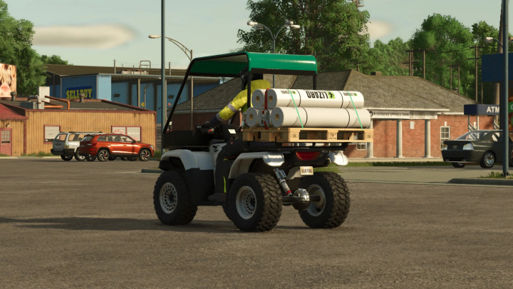 fs25-mods,  Lizard TRA 500 mod in FS25 transporting goods in a town setting.