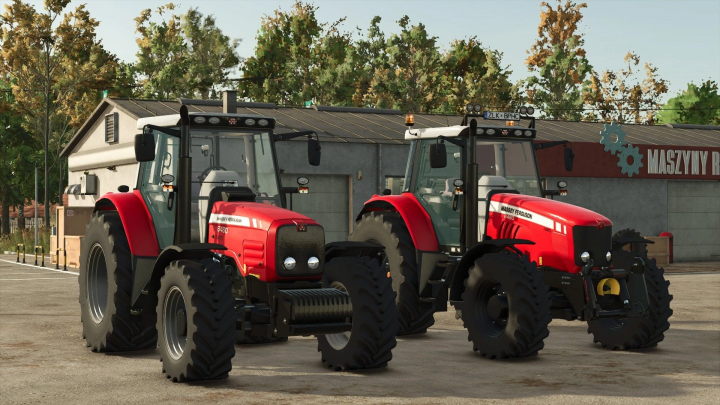 fs25-mods, FS25 mod image featuring two red Massey Ferguson 6480 tractors parked outside a barn, showcasing the Farming Simulator 25 mod.