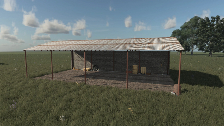 fs25-mods, Old Machinery Shed mod in FS25, showcasing a rustic, tin-roofed structure on a grassy field.