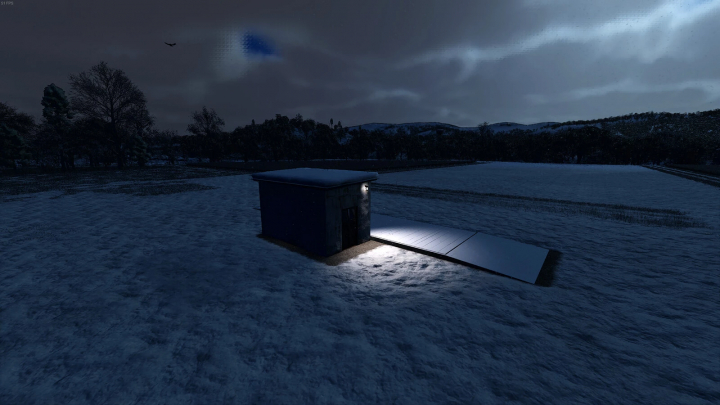 fs25-mods, FS25 Old Weight Station mod v1.0.0.0 showing a small building with a lit ramp in a snowy landscape.