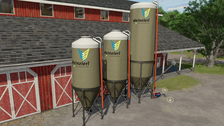 fs25-mods, Three Weinzierl silos next to a barn in FS25 mod.