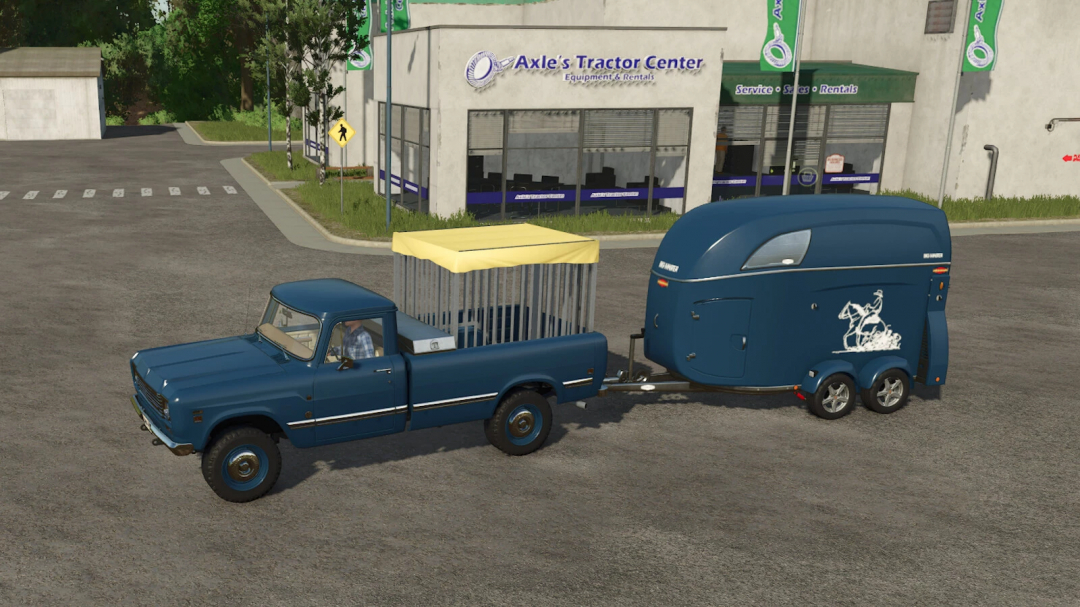 FS25 mod Animal Transports v1.0.0.1 showing a blue pickup truck towing a horse trailer outside a tractor center.