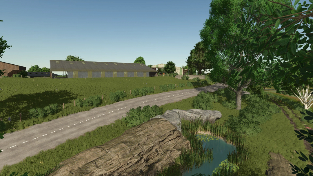 Scenic farm landscape with barns and trees, part of FS25 Carte De France mod.