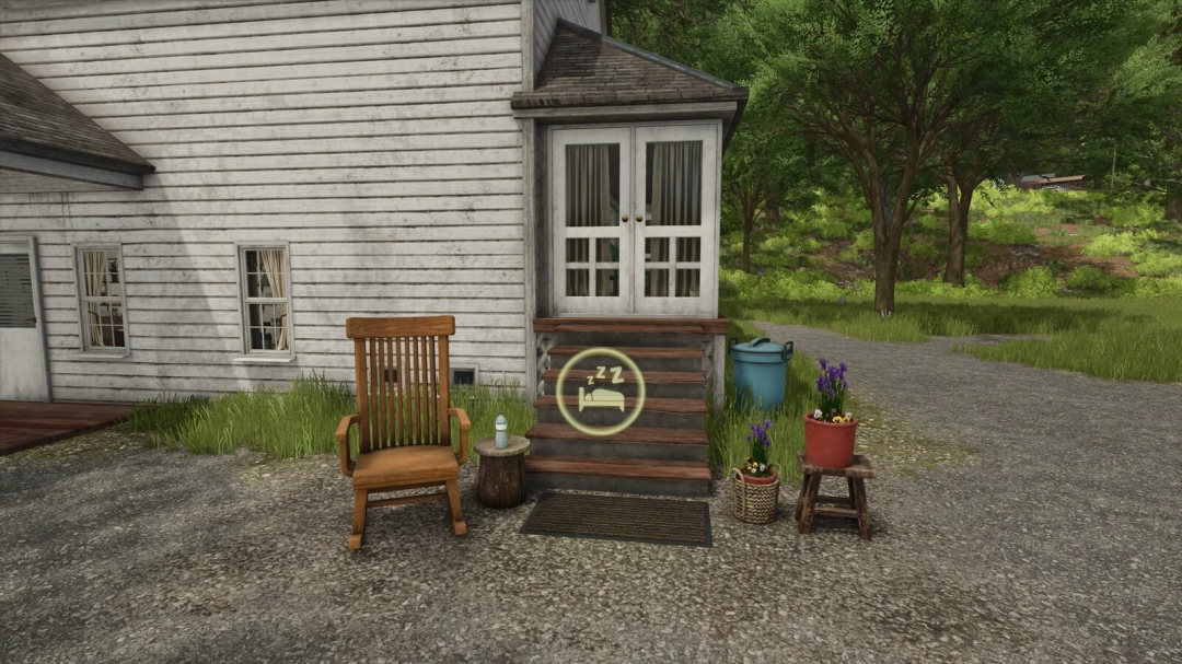 FS25 Home Carpet mod showing a house exterior with a chair, plants, and a sleep icon.