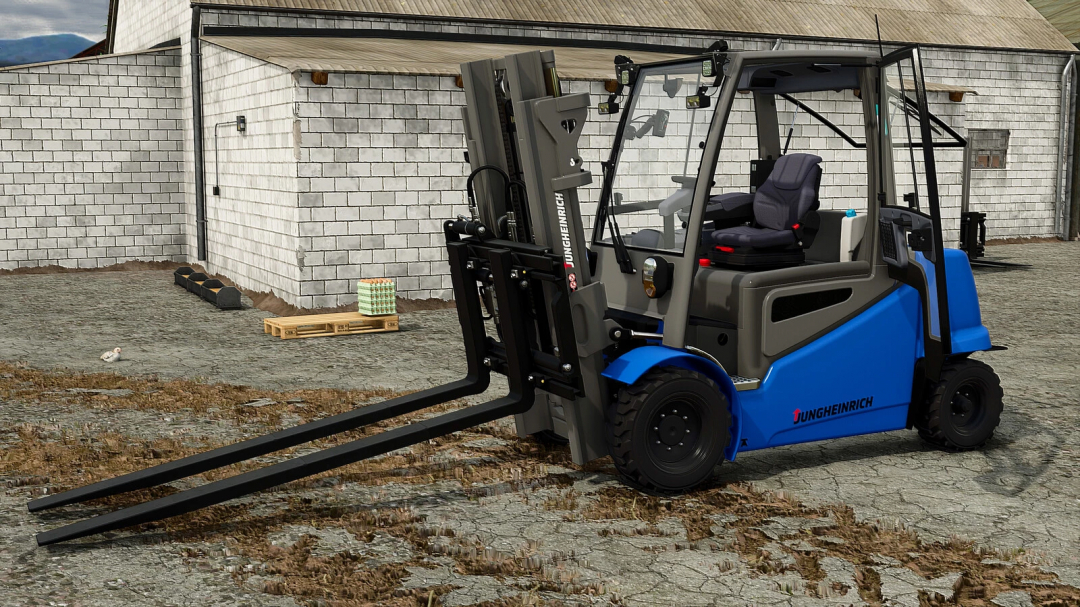 Jungheinrich EfgS50S Pro forklift mod for Farming Simulator 25, parked near a barn.