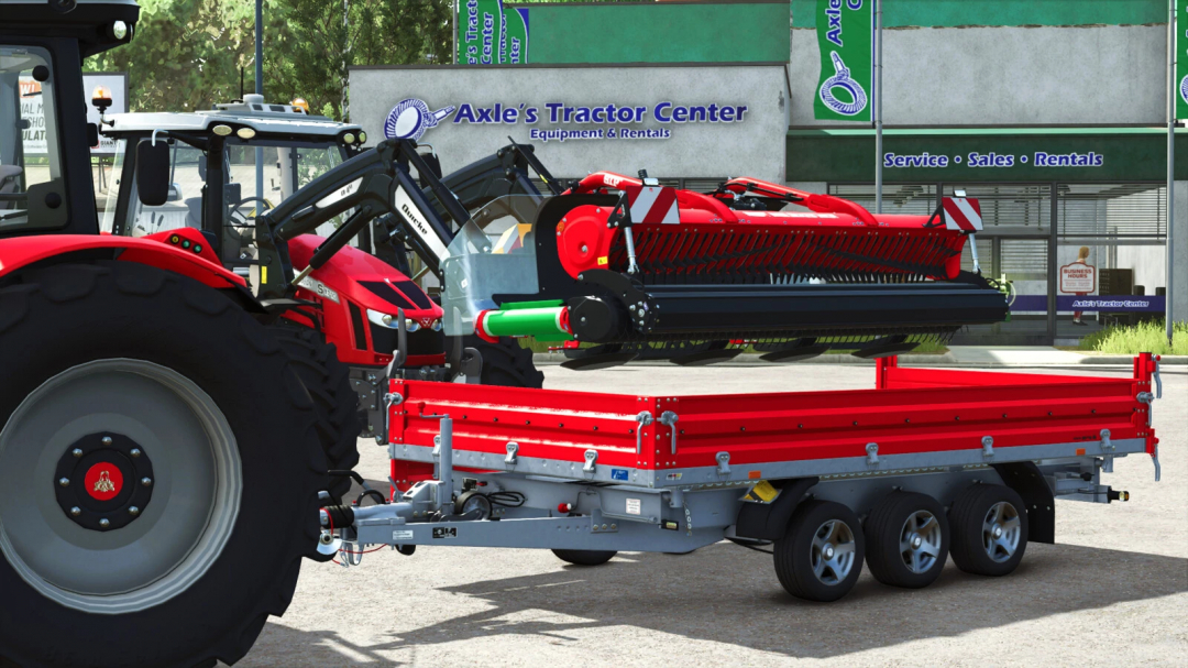 FS25 mods Lizard Adapter 5R v1.0.0.0 showcasing a tractor with trailer in front of Axle's Tractor Center.