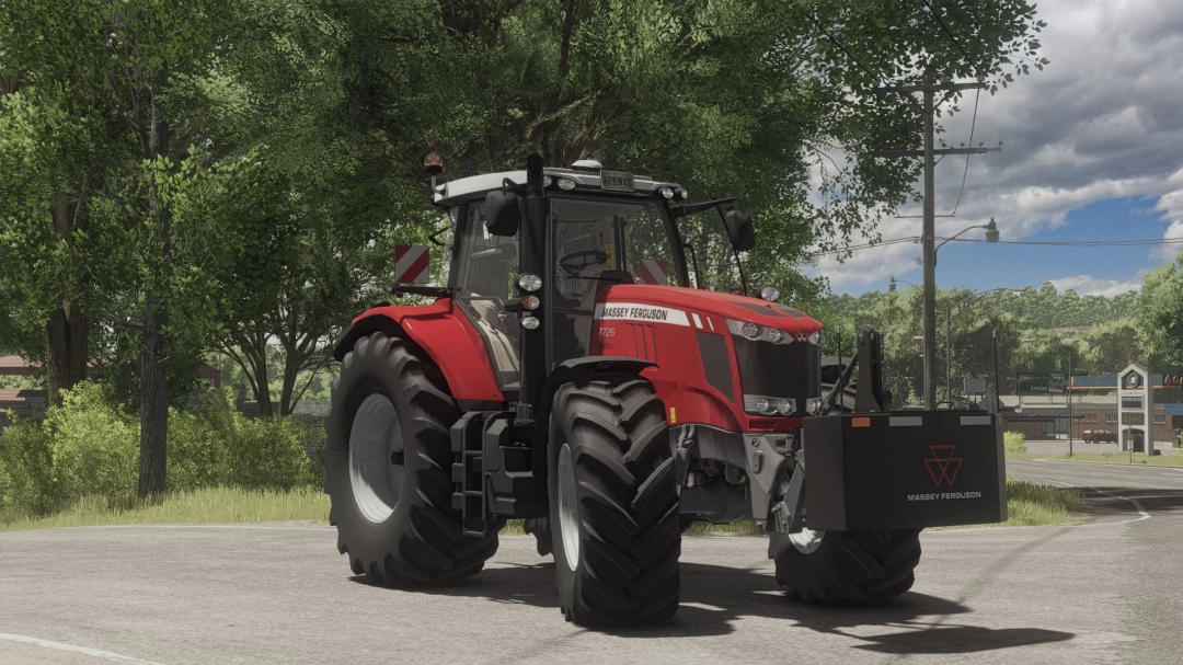 Massey Ferguson 7700 tractor mod for FS25 shown on a rural road.