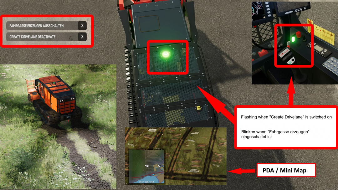 FS25 mod Prinoth Raptor Pack showing drivelane feature with green indicator light, in-game tractor, and minimap.