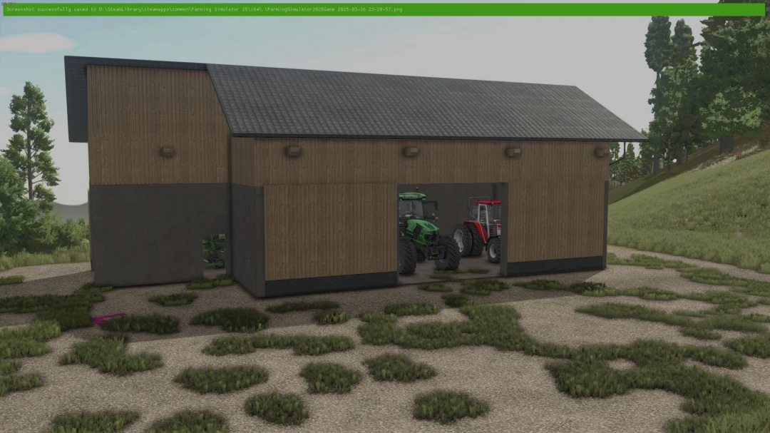 FS25 mod Tirol Austria Shed v1.0.0.2 with tractors inside, showcasing storage feature in Farming Simulator 25.