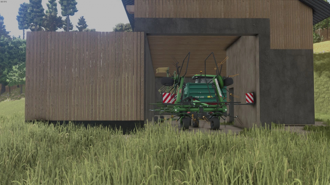 FS25 mods: Tirol Austria Shed storing farming equipment in Farming Simulator 25.