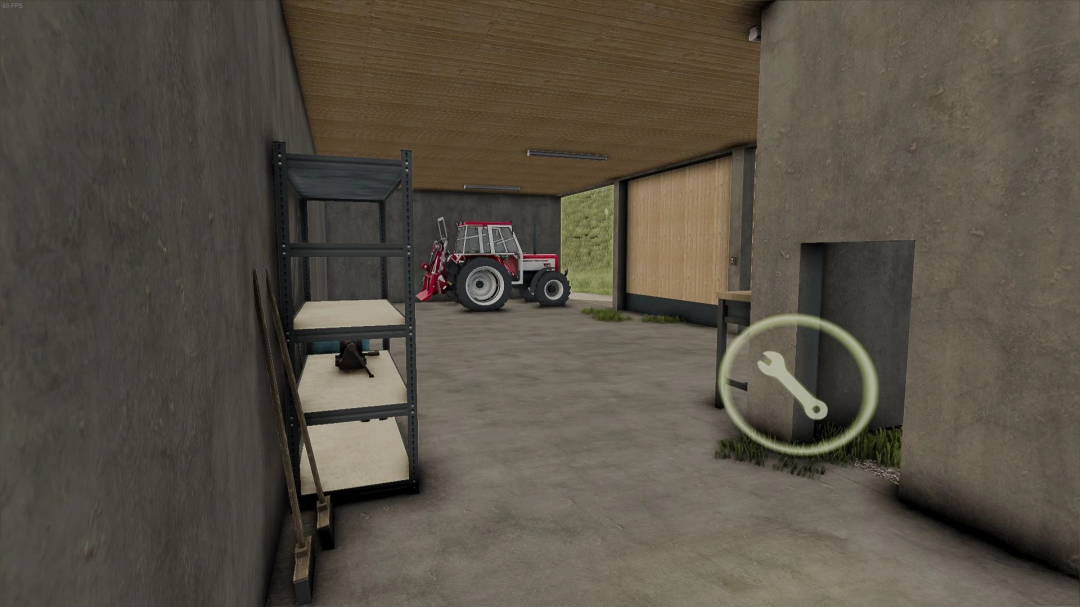 Interior view of the Tirol Austria Shed in FS25 mod featuring shelves and a parked tractor.