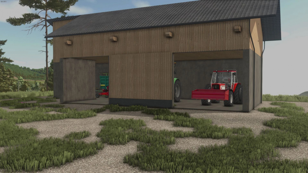 FS25 mods Tirol Austria Shed with tractors inside, Farming Simulator 25