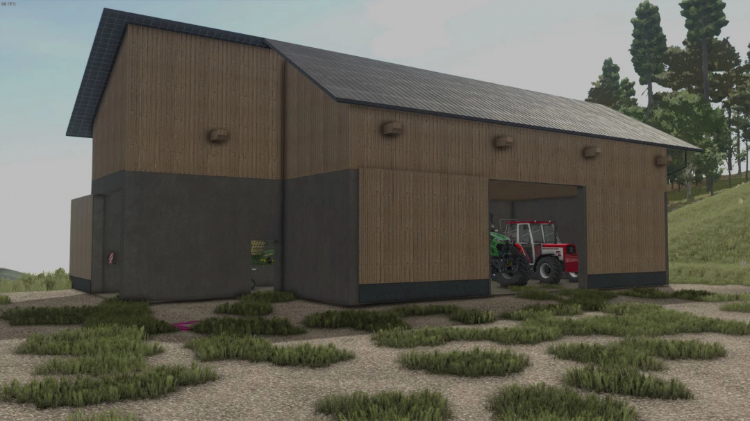 Wooden shed with tractors, part of Tirol Austria Shed mod for FS25.