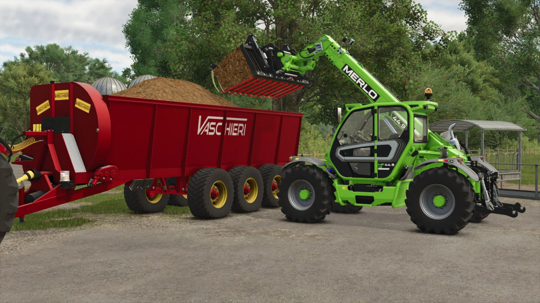 FS25 mod Vaschieri L Pack with telehandler loading trailer with soil in Farming Simulator 25.
