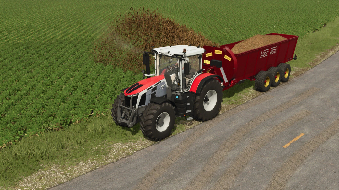 FS25 mod Vaschieri L Pack v1.0.0.0 featuring a red tractor with a trailer spreading soil on a field.