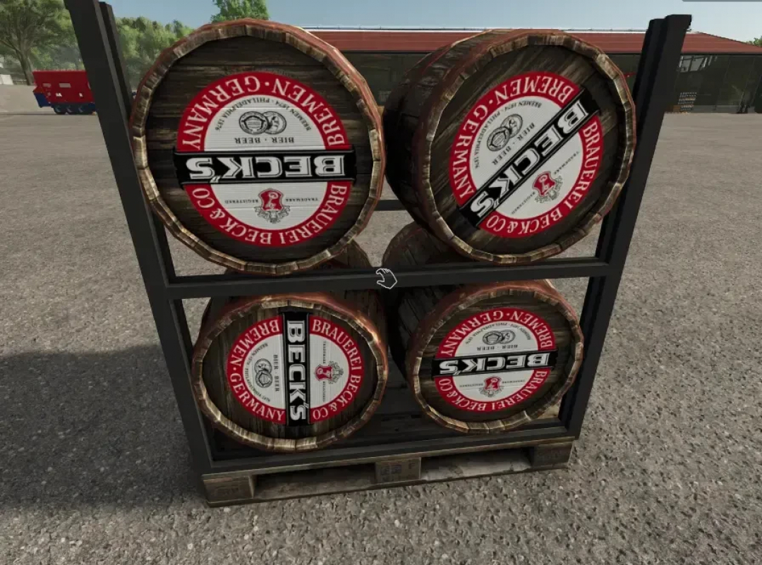 Barrels stacked on a pallet featuring in the FS25 mod Brewery with hop plantation v1.0.2.0.