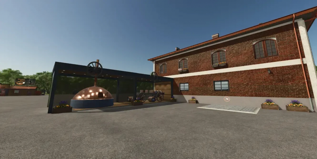 Brewery with hop plantation v1.0.2.0 mod for FS25, featuring a brick building and copper brewing equipment.