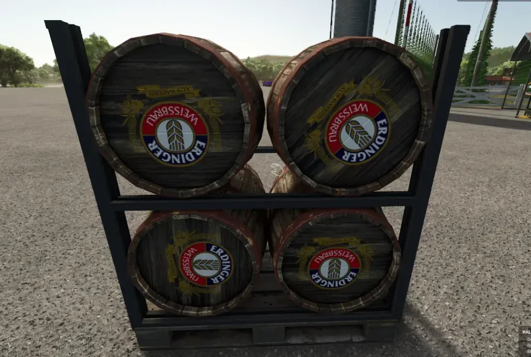 Barrels in FS25 Brewery with hop plantation mod v1.0.2.0, showcasing Erdinger branding.