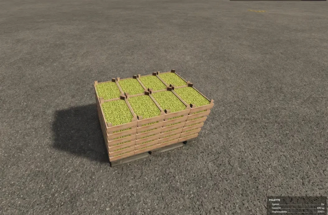 FS25 mod, hop pallets on a wooden crate from Brewery with hop plantation v1.0.2.0