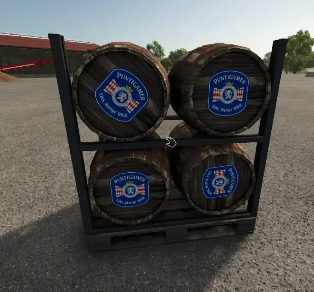 Wooden barrels with logos at brewery in FS25 mod Brewery with hop plantation v1.0.2.0