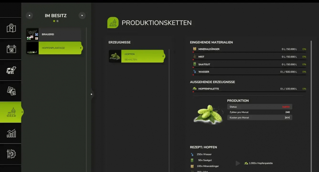 FS25 mods screen showing Brewery with hop plantation production details.