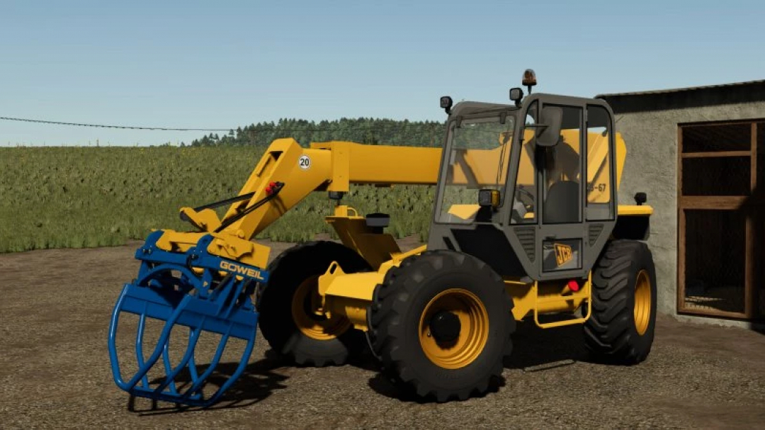 FS25 JCB 525 67 v1.0.0.0 mod in Farming Simulator 25 featuring a yellow and blue telehandler on a farm.