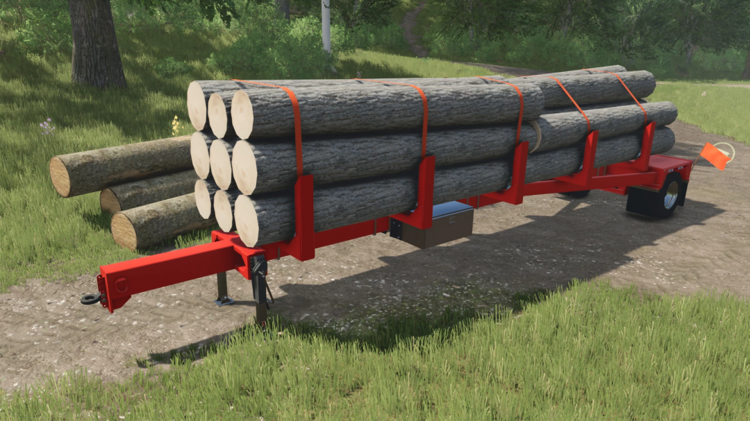 FS25 mod GLOBE Pole Trailer v1.0.0.0 transporting logs on a rural road.
