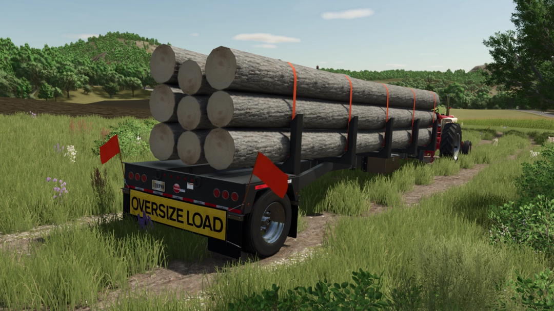 GLOBE Pole Trailer with logs in FS25 mod on a grassy path.