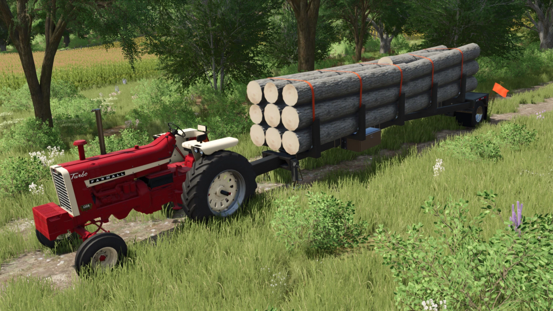 FS25 mod GLOBE Pole Trailer v1.0.0.0 with red tractor and logs in a forest setting.