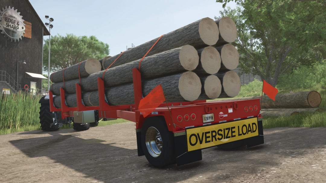 GLOBE Pole Trailer v1.0.0.0 mod for FS25, loaded with logs, parked near a sawmill.