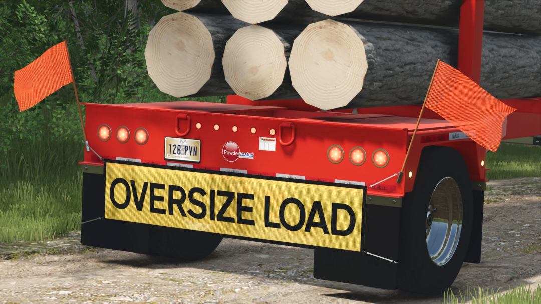 FS25 mod GLOBE Pole Trailer v1.0.0.0 with logs, red frame, and 'OVERSIZE LOAD' sign in Farming Simulator 25.