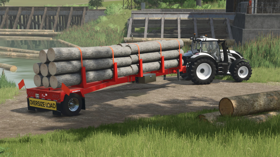 GLOBE Pole Trailer mod in FS25, carrying logs near a river.
