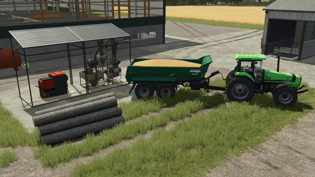 FS25 Grain Dryer Pack mod showing a tractor with a grain trailer next to a drying setup.